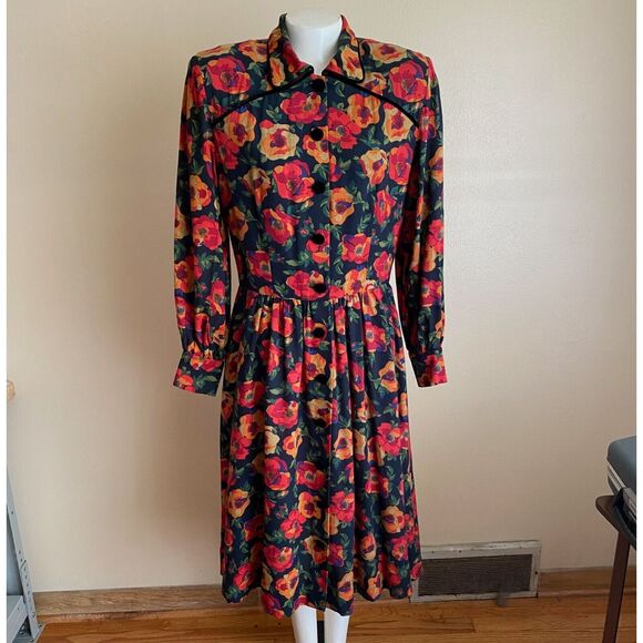 Vintage S.G.Gilbert Size 12 Dark Floral Dress Orange Long Sleeve Velvet Buttons - Picture 1 of 10